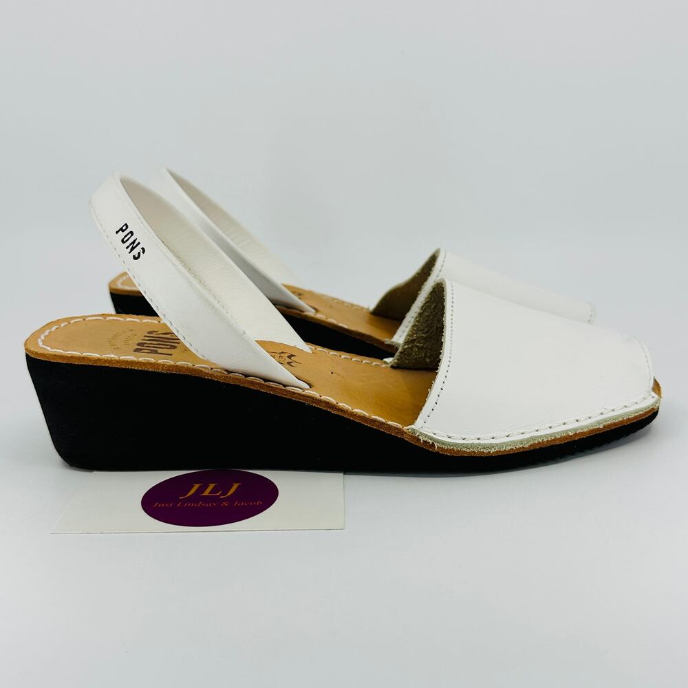 Pons White Full Grain Leather Wedge Avarcas Sandals Women's Size 7 Made in Spain